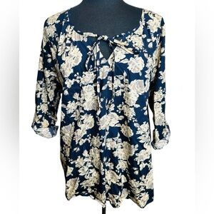 Isabella’s Closet Floral 100% Cotton Navy Cream 3/4 Sleeve Blouse Size 1X